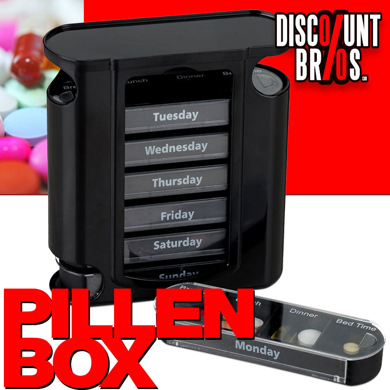 Tablettenbox PILLENBOX Pillendose 7 Tage 4 Fächer – Medikamentenorganizer für eine Woche SCHWARZ ENGLISCH